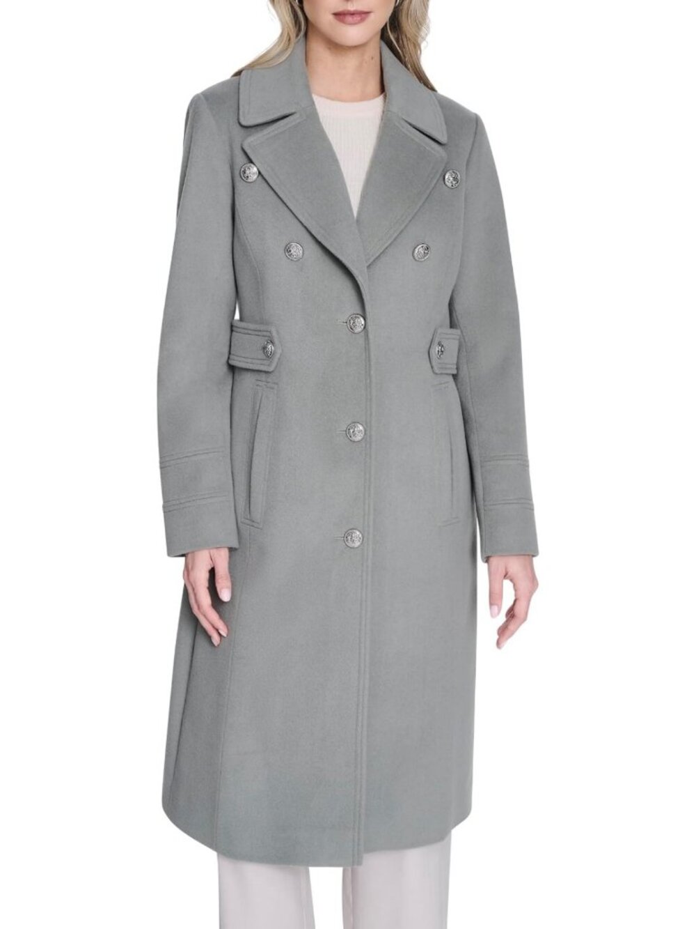 Chic Women's Military Wool Blend Overcoat with Contrast Buttons & Notched Collar